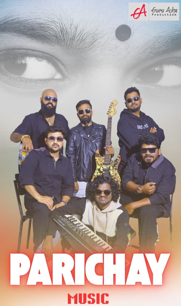 Parichay Music, a six-piece band posed together with guitars and a keyboard